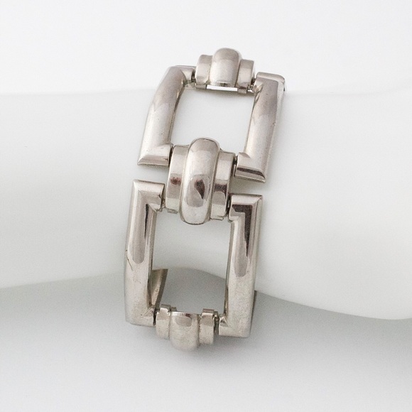 Vintage Coro Panel Bracelet Silver Tone Wide Rectangle Link Modernist - Picture 2 of 5